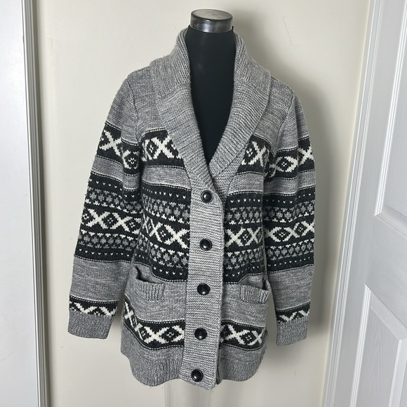 Sansara Wool Blend Aztec Pattern Button Closure Cardigan with Pockets Size L - Picture 2 of 10